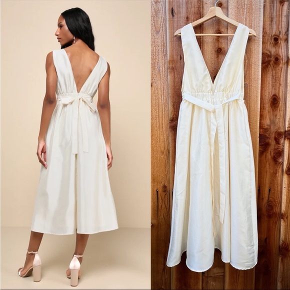 Ivory Cream Sleeveless Bow Low-Back Midi Dress 🌿 - Picture 3 of 11